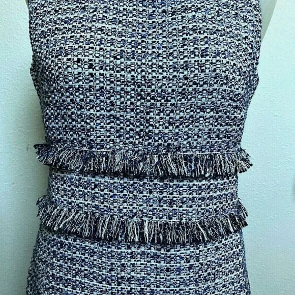 SAIL TO SABLE-NAVY/CREAM TWEED-SHIFT DRESS-FRINGE TRIM-LINED-BACK ZIPPER-SIZE 6 - Picture 6 of 8